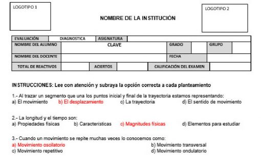 Una plantilla de examen educativo con dos logotipos, nombre institucional y secciones para detalles de evaluación, Reactivos de Diagnóstico de física y química, información del curso y preguntas totales. A continuación se proporcionan instrucciones y preguntas de opción múltiple sobre química.