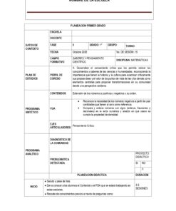 PLANEACION MATEMATICAS SECUNDARIA PRIMER GRADO OCTUBRE 5 Plantilla de plan de lección para primer grado, centrada en el pensamiento crítico en matemáticas y ciencias, que muestra secciones para datos de contexto, plan de estudio, programa analítico y duración de la sesión en español. La maquetación está estructurada en tablas.