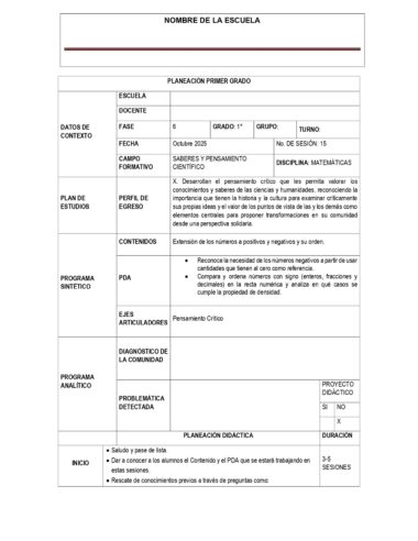 Plantilla de plan de lección para primer grado, centrada en el pensamiento crítico en matemáticas y ciencias, que muestra secciones para datos de contexto, plan de estudio, programa analítico y duración de la sesión en español. La maquetación está estructurada en tablas.
