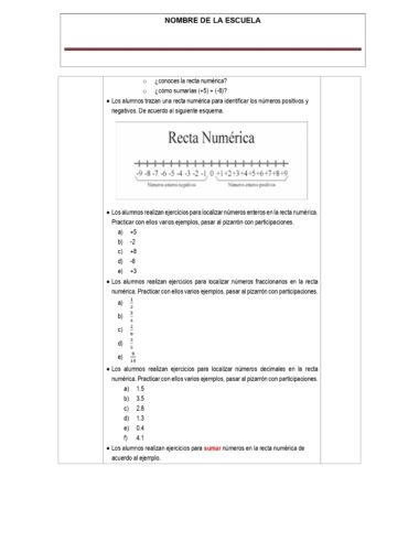 Una hoja de ejercicios sobre las rectas numéricas en español, que incluye una recta numérica ilustrada de -14 a 19, instrucciones para sumar y restar, y ejercicios para que los alumnos practiquen colocando y sumando números en la recta numérica.