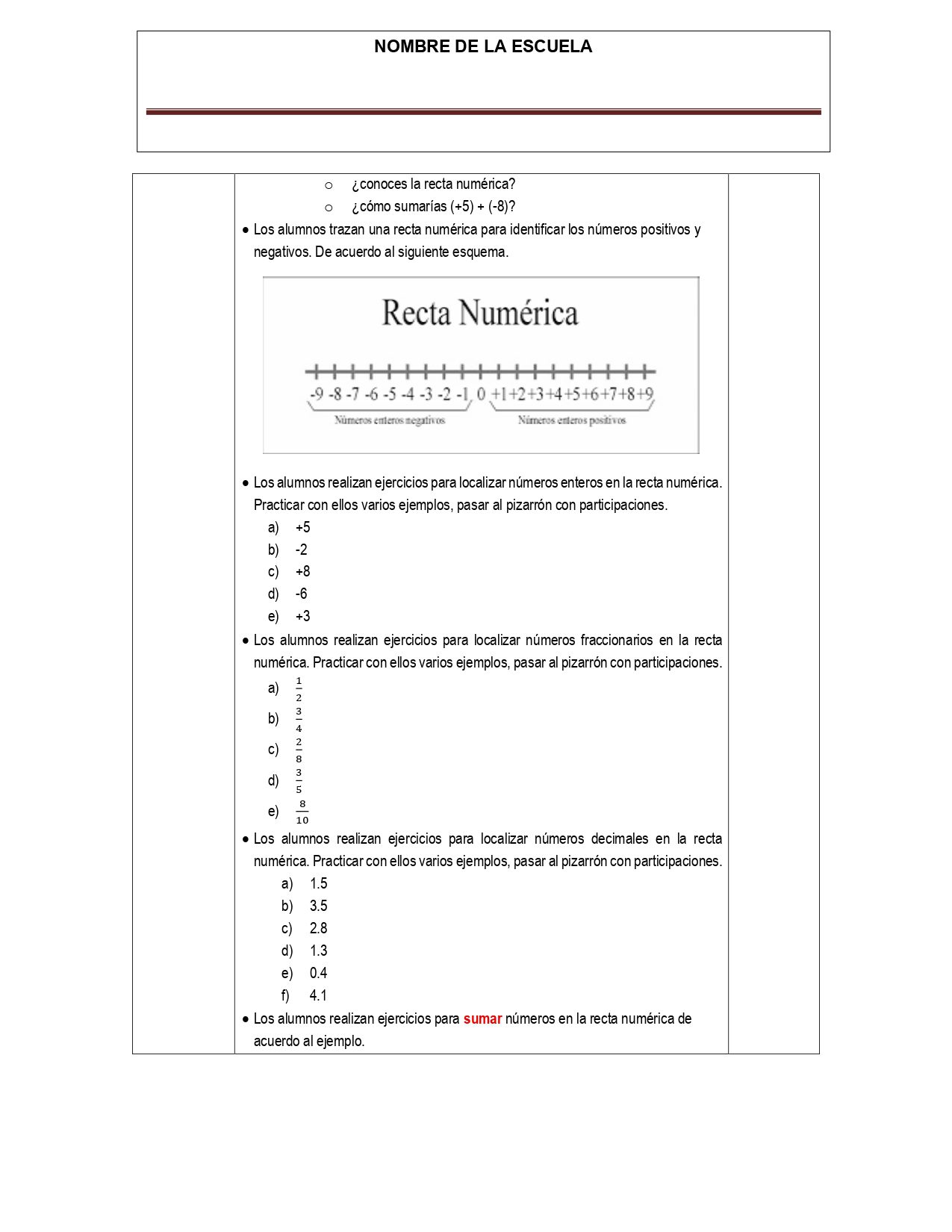 PLANEACION MATEMATICAS SECUNDARIA PRIMER GRADO OCTUBRE 3 Una hoja de ejercicios sobre las rectas numéricas en español, que incluye una recta numérica ilustrada de -14 a 19, instrucciones para sumar y restar, y ejercicios para que los alumnos practiquen colocando y sumando números en la recta numérica.