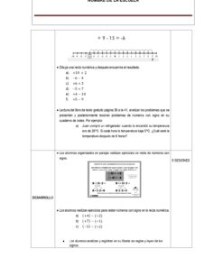 PLANEACION MATEMATICAS SECUNDARIA PRIMER GRADO OCTUBRE 7 Hoja de ejercicios en español que muestra una recta numérica, problemas matemáticos que implican sumas y diferencias, e instrucciones de ejercicios en clase para practicar operaciones con números positivos y negativos.
