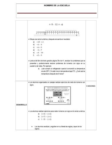 Hoja de ejercicios en español que muestra una recta numérica, problemas matemáticos que implican sumas y diferencias, e instrucciones de ejercicios en clase para practicar operaciones con números positivos y negativos.