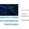 Programa Analítico y Planeaciones de Matemáticas 3.º de Secundaria | Proyectos STEAM | Word Editable 6 Portada de Matemáticas - Programa Analítico y Plano Didáctico - Tercer Grado de Secundaria, con símbolos matemáticos y ecuaciones azules a la izquierda y espacios para el curso escolar, el nombre y el profesor a la derecha.