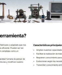 Una fila de herramientas y dispositivos tecnológicos antiguos y modernos, como martillos, una máquina de escribir, una computadora y un brazo robótico, ilustran el avance de las herramientas a través del tiempo.