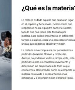 Física 2: Programa Analítico, Planeaciones y Recursos Didácticos 12 Un vaso de agua con hielo, rodeado de materia sólida, líquida y gaseosa etiquetada. El texto en español explica qué es la materia, señalando que tiene masa y ocupa espacio, con iconos que ilustran estas propiedades.