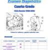 Colorida portada de examen diagnóstico para cuarto grado, año escolar 2025-2026. Incluye dos carpinchos de dibujos animados para colorear, tabla de puntuaciones y un encabezado que dice "Escuela Primaria: Examen Diagnóstico Cuarto Grado.