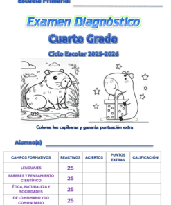 Colorida portada de examen diagnóstico para cuarto grado, año escolar 2025-2026. Incluye dos carpinchos de dibujos animados para colorear, tabla de puntuaciones y un encabezado que dice "Escuela Primaria: Examen Diagnóstico Cuarto Grado.
