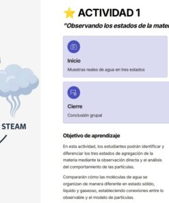 Física 2: Programa Analítico, Planeaciones y Recursos Didácticos 13 Diagrama que muestra los tres estados del agua -hielo, líquido y vapor- en un ciclo. A la derecha, un plan de clase con los objetivos, los materiales necesarios y los pasos para observar los estados de la materia.