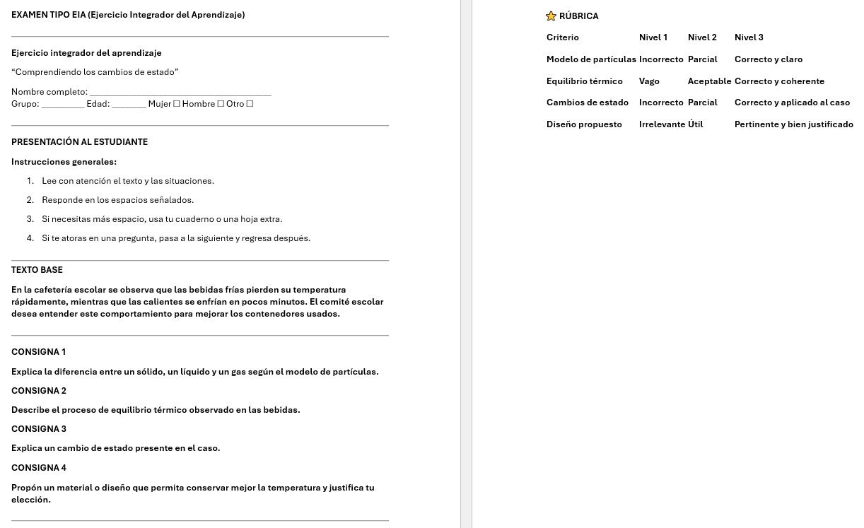 Física 2: Programa Analítico, Planeaciones y Recursos Didácticos 8 Captura de pantalla de un examen de español con instrucciones para los alumnos, un texto base para el análisis, tres tareas para completar y una rúbrica de calificación a la derecha que evalúa cuatro criterios en tres niveles de rendimiento.
