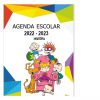 Colorida portada de agenda escolar para el curso 2022-2023. Presenta un grupo de personajes de dibujos animados que recuerdan a los Rugrats sentados y de pie en un sillón rosa, con vibrantes formas geométricas a lo largo de los bordes. El texto del título en español dice "Agenda Rugrats 2022-2023".