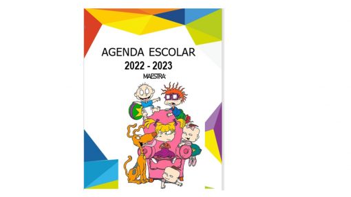 Colorida portada de agenda escolar para el curso 2022-2023. Presenta un grupo de personajes de dibujos animados que recuerdan a los Rugrats sentados y de pie en un sillón rosa, con vibrantes formas geométricas a lo largo de los bordes. El texto del título en español dice "Agenda Rugrats 2022-2023".
