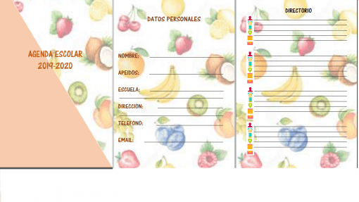 Agendas Escolares para 2019-2020 con portada con temática de frutas y páginas interiores tituladas "datos personales" y "directorio" con espacios rayados para completar información. Ideal para organizar agendas escolares.