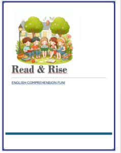 Ilustración de cuatro niños leyendo en la hierba bajo unos árboles cerca de una casa. Debajo, "Read and Rise" y "ENGLISH COMPREHENSION FUN!", animando a los niños a disfrutar de los libros y a crecer juntos. Nombre del producto: Read and Rise.