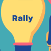 Ilustración de una persona con cabello largo, vestida con una chaqueta amarilla, parada junto a una bombilla grande sobre un fondo azul y rosa. Las palabras "Rally de retos" están escritas dentro de la bombilla, simbolizando los retos y los desafíos que pretenden superar.