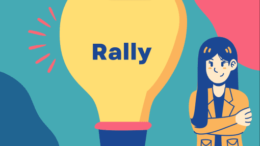 Ilustración de una persona con cabello largo, vestida con una chaqueta amarilla, parada junto a una bombilla grande sobre un fondo azul y rosa. Las palabras "Rally de retos" están escritas dentro de la bombilla, simbolizando los retos y los desafíos que pretenden superar.