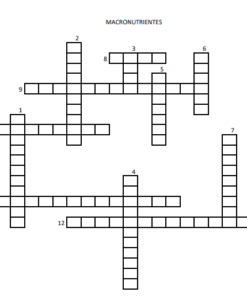 Un crucigrama titulado "Macronutrientes Crucigrama" presenta una cuadrícula con números que marcan los cuadrados iniciales para las pistas transversales y inferiores. Las palabras se cruzan en varios puntos, lo que proporciona un ejercicio desafiante pero divertido. Con doce pistas en total, este rompecabezas pondrá a prueba tus conocimientos sobre los nutrientes esenciales.