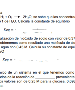 Una imagen que contiene una serie de problemas de equilibrio químico. El texto incluye ecuaciones y constantes como Keq, con valores de concentración para sustancias como H2, O2, H2O, HCl, NaOH, NaCl y H2CO3. Esta guía visual muestra **Equilibrio químico- Ejercicios resueltos** requeridos para las constantes de equilibrio (equilibrio químico).