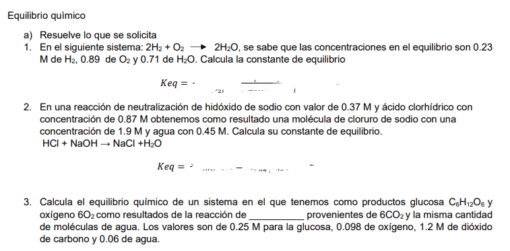 Una imagen que contiene una serie de problemas de equilibrio químico. El texto incluye ecuaciones y constantes como Keq, con valores de concentración para sustancias como H2, O2, H2O, HCl, NaOH, NaCl y H2CO3. Esta guía visual muestra **Equilibrio químico- Ejercicios resueltos** requeridos para las constantes de equilibrio (equilibrio químico).