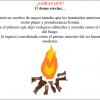 Una infografía que presenta una imagen central de un incendio con texto en español a su alrededor, que analiza el Homo erectus y sus avances culturales, como el uso del fuego y las Hojas de trabajo. Poblamiento de América.