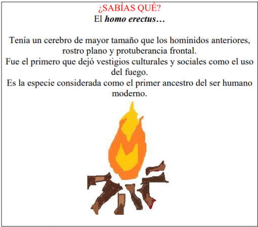 Una infografía que presenta una imagen central de un incendio con texto en español a su alrededor, que analiza el Homo erectus y sus avances culturales, como el uso del fuego y las Hojas de trabajo. Poblamiento de América.