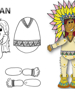 Ilustración de una Marioneta de Papel de Acción de Gracias que presenta un personaje de dibujos animados con ropa y accesorios tradicionales como un tocado, junto con componentes separados y un boceto de una cara con la etiqueta 