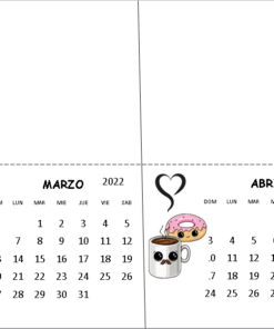Un Mini Calendarios Kawaii 2022 ilustrado de dos meses para marzo y abril, con dibujos kawaii: un zorro con flores para marzo y una taza de café con un donut para abril.