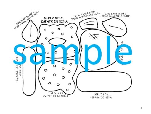 Plantilla de patrón en blanco y negro para un osito de peluche y otros accesorios etiquetados en inglés y español. Las etiquetas incluyen piezas de zapatos, calcetines, piernas y manzanas de niña. Un texto grande "MUESTRA" en azul se superpone a la plantilla. Perfecto para proyectos de Patrones Decoración para Pizarrón Regreso a Clases en el pizarrón.