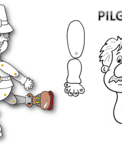 Ilustración de una Marioneta de Papel de Acción de Gracias para el Día de Acción de Gracias, con elementos separados: una figura vestida saludando y una cabeza incorpórea adicional y una mano con la etiqueta 