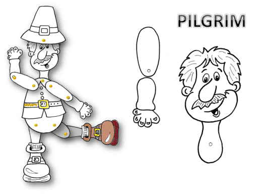 Ilustración de una Marioneta de Papel de Acción de Gracias para el Día de Acción de Gracias, con elementos separados: una figura vestida saludando y una cabeza incorpórea adicional y una mano con la etiqueta "PEREGRINO".