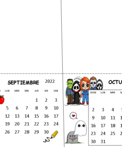 Ilustración de un Mini Calendarios 2022 Kawaii para septiembre y octubre, que presenta lindas decoraciones temáticas: una ballena con útiles escolares para septiembre y elementos con temática de Halloween para octubre. Esto es parte de la colección Calendarios Kawaii.