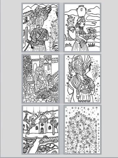 Seis paneles ilustrados en blanco y negro representan escenas de mujeres vestidas tradicionales realizando actividades diarias. Llevan cestas y vasijas, venden productos en un mercado y se encuentran en paisajes pintorescos. Las ilustraciones incluyen elementos arquitectónicos y naturales como edificios, montañas y cactus de México Lindo 2.