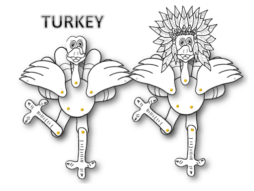 Dos Marionetas de Papel del Día de Acción de Gracias ilustradas en un estilo artístico lineal en blanco y negro, cada una adornada con detalles divertidos como un tocado y una pajarita, colocadas junto a la palabra "TURQUÍA" para el Día de Acción de Gracias.