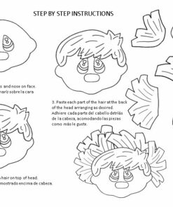 Una página de instrucciones en blanco y negro muestra cómo armar una cara de papel para sus Patrones Decoración para Pizarrón Regreso a Clases. Tiene una cabeza con ojos y nariz, otra con el pelo superior adherido y cuatro mechones para la espalda. Las instrucciones en inglés y español describen los pasos para completar el montaje, perfecto para Regreso a Clases.