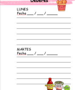 Una colorida página de Agenda Perpetua Escolar y/o Personal Kawaii Food con secciones denominadas 