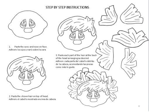 Una página de instrucciones en blanco y negro muestra cómo armar una cara de papel para sus Patrones Decoración para Pizarrón Regreso a Clases. Tiene una cabeza con ojos y nariz, otra con el pelo superior adherido y cuatro mechones para la espalda. Las instrucciones en inglés y español describen los pasos para completar el montaje, perfecto para Regreso a Clases.