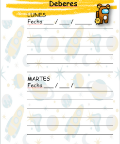 Tarea de español Agenda Perpetua Amongus página con secciones para lunes y martes denominadas 