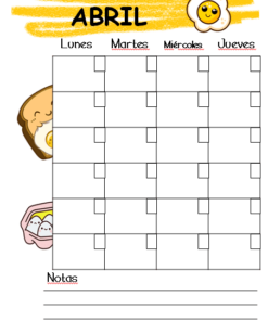 Agenda Perpetua Escolar y/o Personal Plantilla de calendario de comida Kawaii para el mes de abril con los días de la semana etiquetados en español, decorado con lindas ilustraciones de comida kawaii. Sección de notas en la parte inferior.