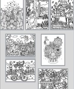 Un collage de siete intrincadas ilustraciones en blanco y negro muestra varias escenas, que incluyen niños haciendo jardinería, una figura festiva con globos, niños andando en bicicleta, un paseo en carrusel y personajes alegres que interactúan en fantásticos paisajes al aire libre que recuerdan el vibrante encanto de México Lindo. 2.