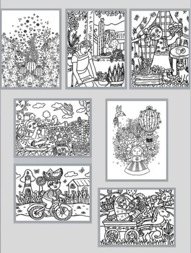 Un collage de siete intrincadas ilustraciones en blanco y negro muestra varias escenas, que incluyen niños haciendo jardinería, una figura festiva con globos, niños andando en bicicleta, un paseo en carrusel y personajes alegres que interactúan en fantásticos paisajes al aire libre que recuerdan el vibrante encanto de México Lindo. 2.