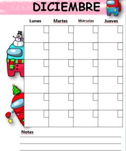 Plantilla de calendario en blanco para diciembre con días de lunes a jueves, decorada con caprichosas ilustraciones de temática navideña y una sección de notas 
