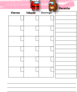 Planificador semanal ilustrado que muestra los días de viernes a domingo, decorado con dibujos animados de Papá Noel y un reno en la parte superior, y una barra lateral con la etiqueta 