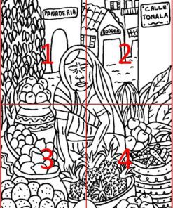 Un dibujo lineal en blanco y negro representa una escena en un mercado. Una mujer vestida con ropa tradicional vende frutas, como piñas, naranjas y melones. Detrás de ella hay carteles que dicen 