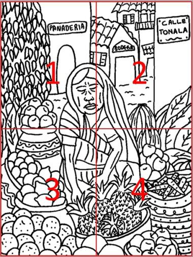 Un dibujo lineal en blanco y negro representa una escena en un mercado. Una mujer vestida con ropa tradicional vende frutas, como piñas, naranjas y melones. Detrás de ella hay carteles que dicen "Panadería" y "Calle Tonalá", así como un edificio marcado como "Bodega". Experimenta el encanto de México Lindo 2.