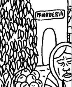 Un dibujo en blanco y negro muestra a una mujer con un pañuelo en la cabeza y ropa a rayas, de pie junto a un montón de frutas redondas. Al fondo, rotulado 