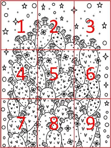 Una página para colorear en blanco y negro que presenta un grupo agrupado de cactus adornados con flores y rodeados de estrellas, capturando la esencia de México Lindo 2. La imagen está dividida en nueve secciones con borde rojo numeradas del 1 al 9.