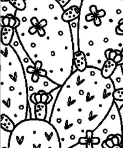 Un dibujo lineal en blanco y negro representa un patrón de plantas de nopal nativas de México. Los cactus, adornados con pequeños puntos que representan espinas, tienen flores y frutos en la parte superior. El diseño general de México Lindo 2 es denso y repetitivo, capturando el encanto del arte tradicional mexicano.