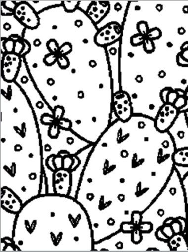 Un dibujo lineal en blanco y negro representa un patrón de plantas de nopal nativas de México. Los cactus, adornados con pequeños puntos que representan espinas, tienen flores y frutos en la parte superior. El diseño general de México Lindo 2 es denso y repetitivo, capturando el encanto del arte tradicional mexicano.