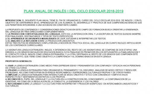 Un documento titulado "Dosificación de Inglés 1 (Trimestral) del ciclo escolar 2018-2019", que describe los objetivos educativos anuales de inglés, métodos de enseñanza, criterios para libros de texto y estrategias.
