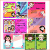 Una colección de coloridas Invitaciones Para Fiesta Niño Y Niña Para Personalizar con niños de dibujos animados con diferentes peinados y atuendos, cada uno de ellos sobre fondos vibrantes con espacios para detalles del evento.